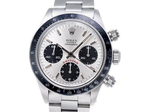 Vintage-Rolex Cosmograph Daytona aus Stahl mit silbernem Zifferblatt, schwarzen Hilfszifferblättern, rotem Daytona-Schriftzug und schwarzer Lünette