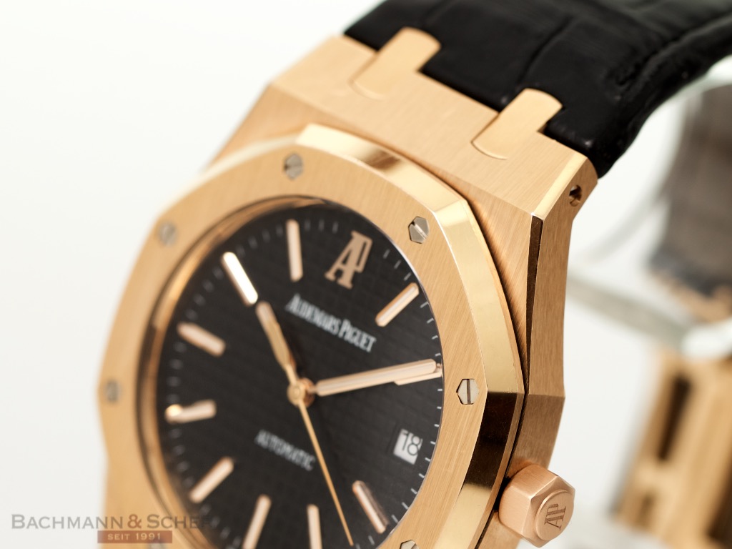 Audemars Piguet Royal Oak 18K Rose Gold Black Dial Watch 15300OR Box Papers