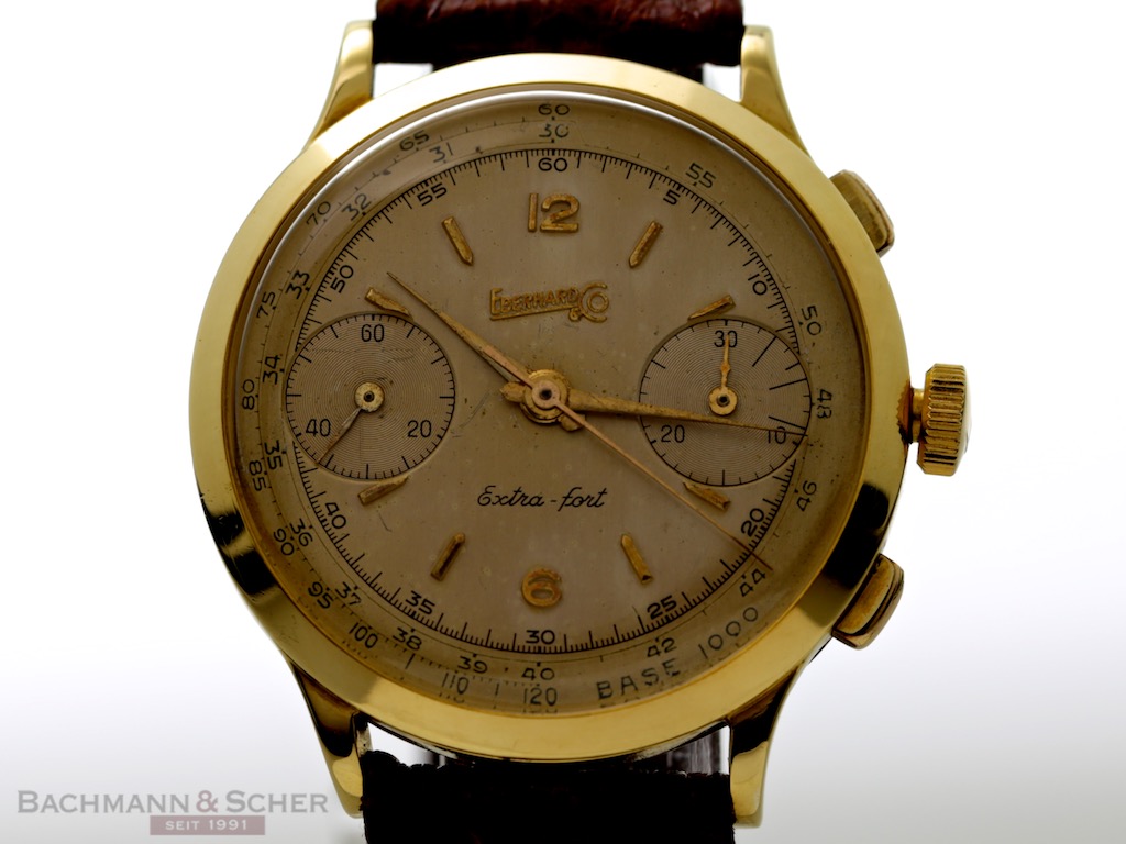 Eberhard Co Vintage Extra Fort Chrono Valjoux 65 18k Yellow Gold Bj 1950