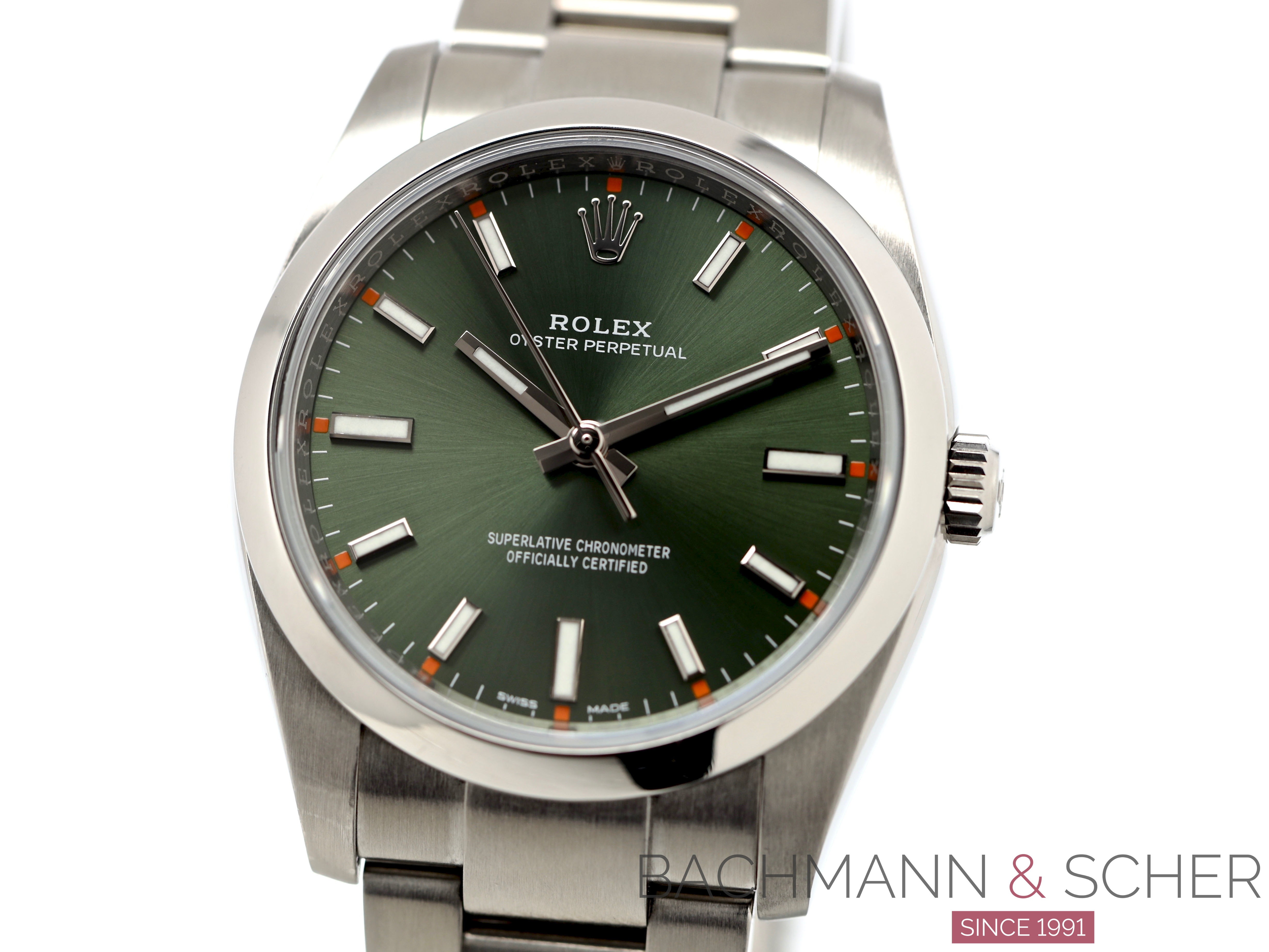 Oyster Perpetual Ref 114200 34mm Stainless Steel Green Metallic Dial Bj 2016