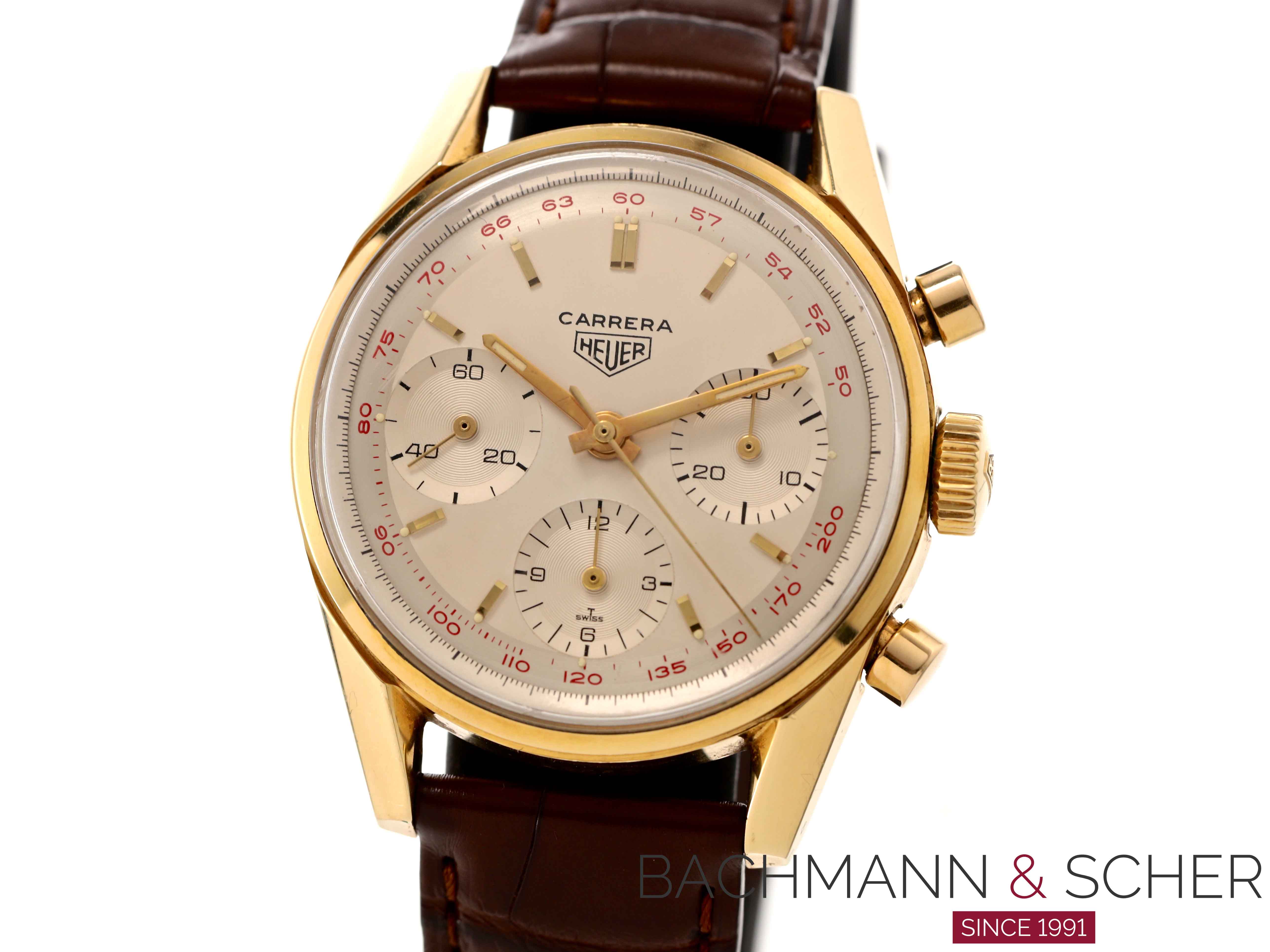 HEUER Vintage Carrera Chronograph Ref 2448 18k Yellow Gold Red Tachymeter Scale Bj 1965
