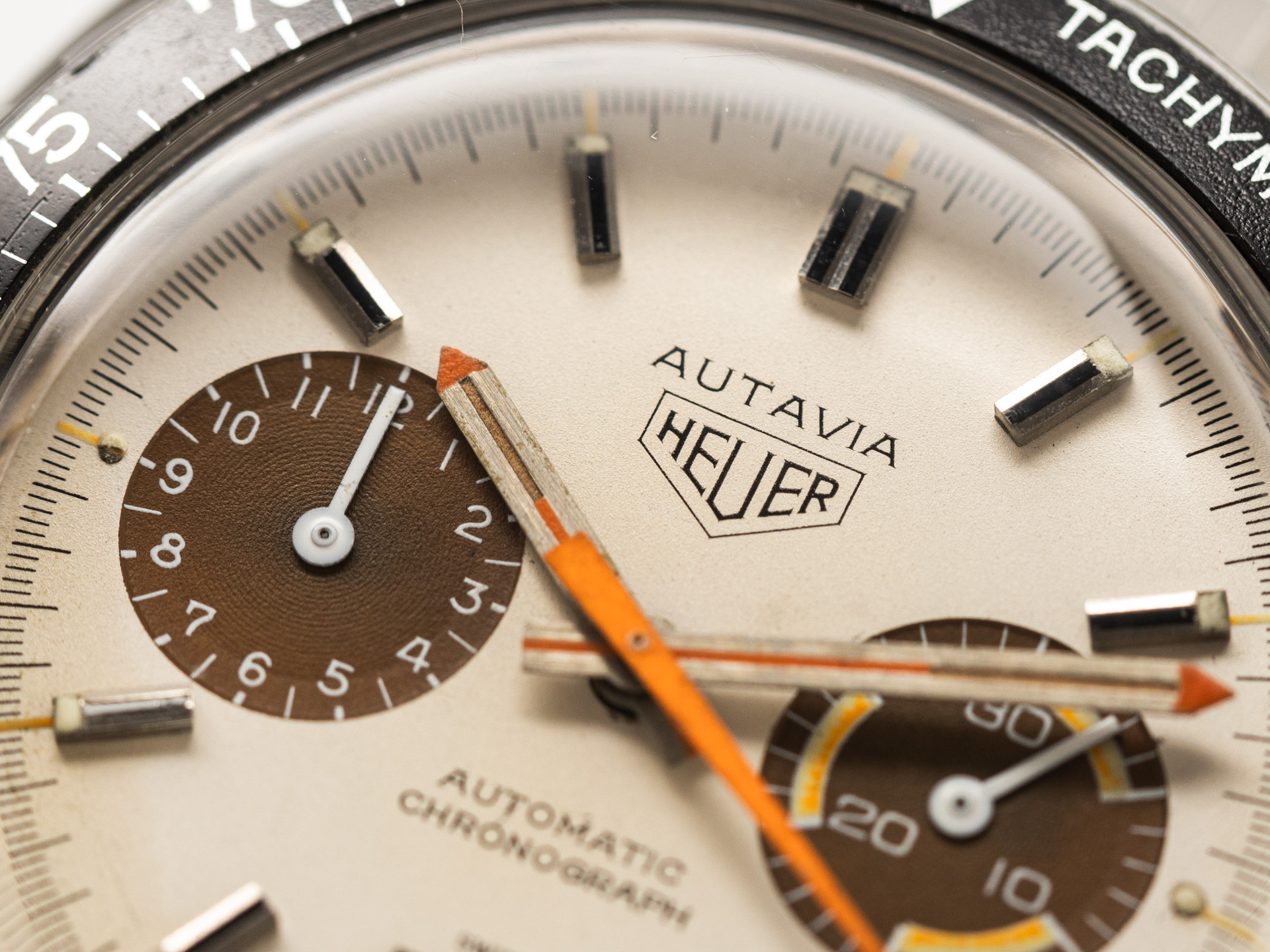 HEUER Vintage AUTAVIA Chronograph Ref 1163 ORANGE BOY Steel Guy Freres Bracelet Tropic Dial Bj 1970 Excellent