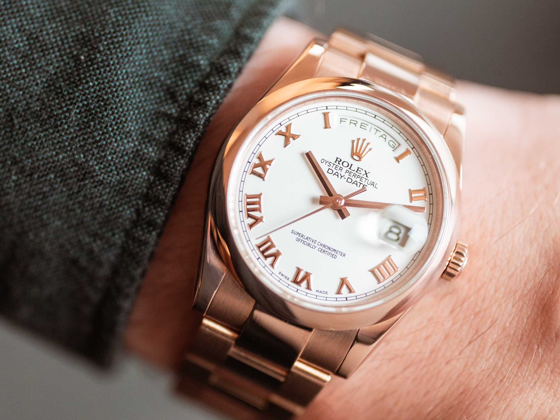 ROLEX DAY DATE Ref 118205 18k Rose Gold Oyster Bracelet Box Papers Bj 2014 Germany LC100