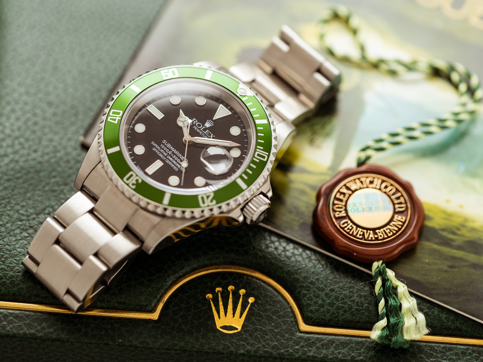 2004 Rolex Submariner 16610LV Kermit Flat Four Green Bezel 50th Anniversary Wristwatch with Box and Papers