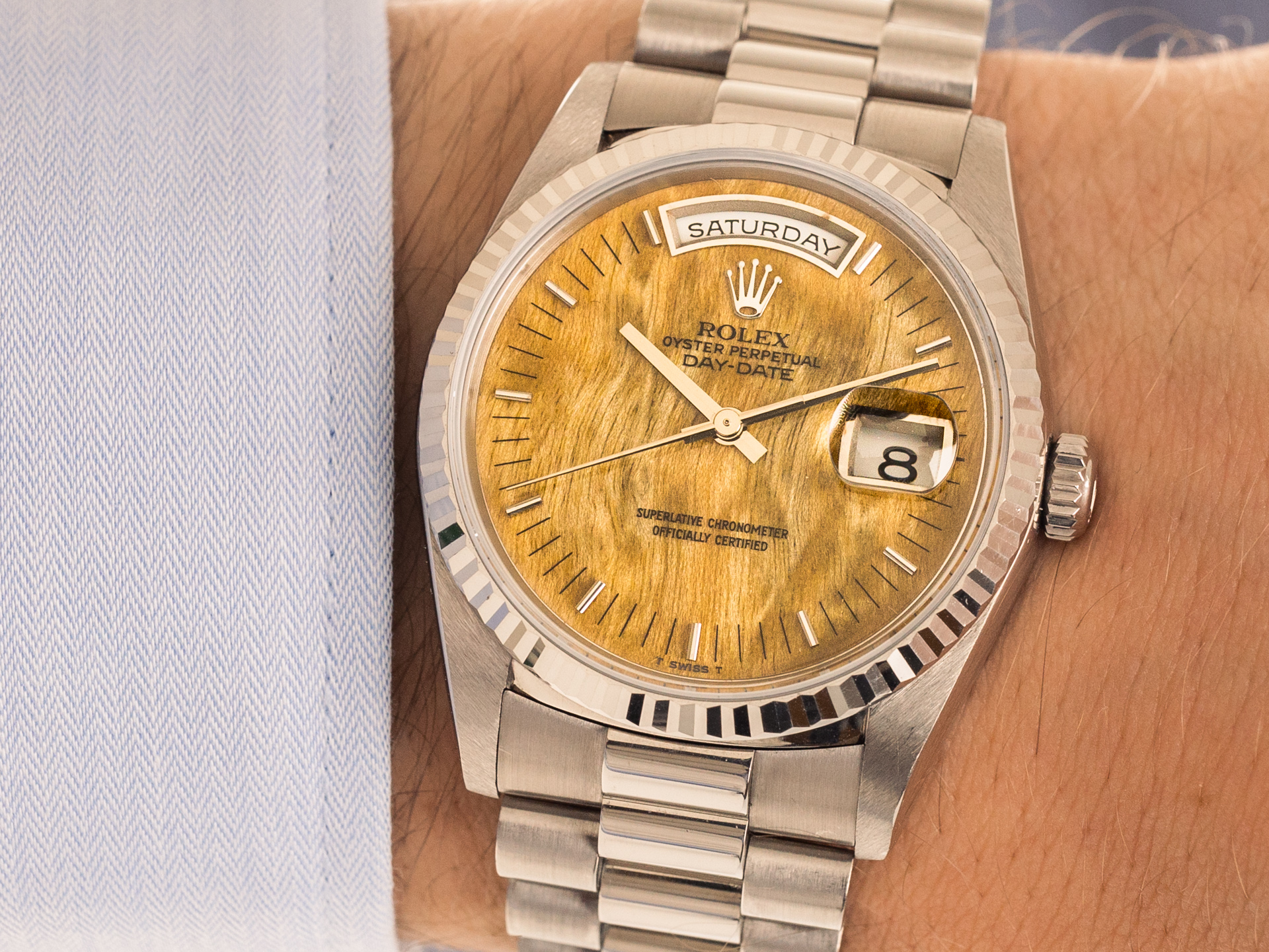 ROLEX DAY DATE BIRCH WOOD DIAL Ref 18239 18k White Gold Box Papers