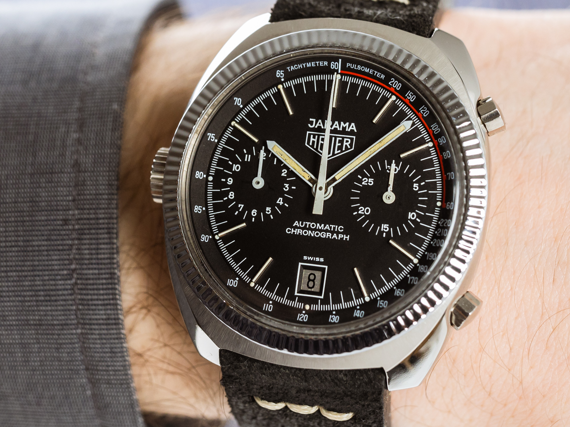 HEUER Vintage JARAMA CHRONOGRAPH Ref 110 250 Cal 12 White Gold Plated Bezel Stainless Steel Bj 1978 ULTRA RARE