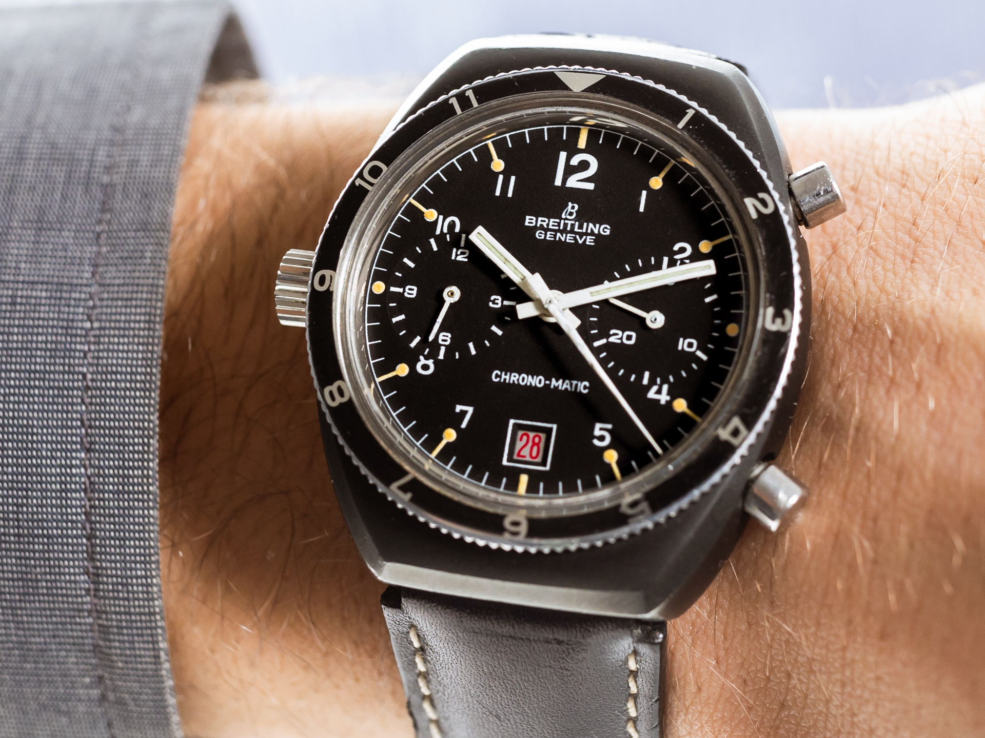 BREITLING Vintage CHRONO MATIC Ref 2114 Steel Black Matt PVC Coating Caliber 12 Bj 1972 Rare