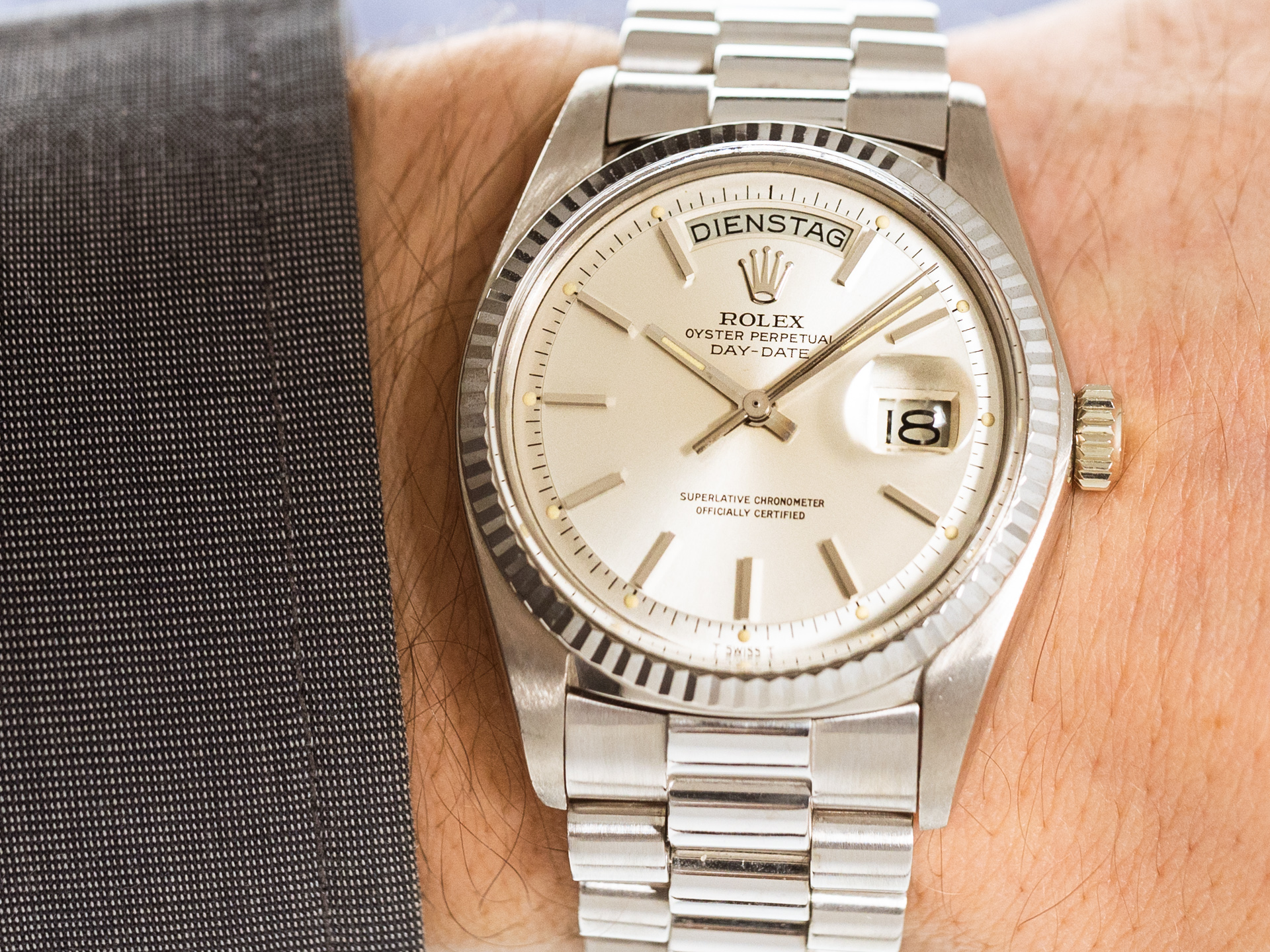 Rolex Vintage Day Date Ref 1803 18k White Gold President Bracelet Tritium Dial Bj 1977