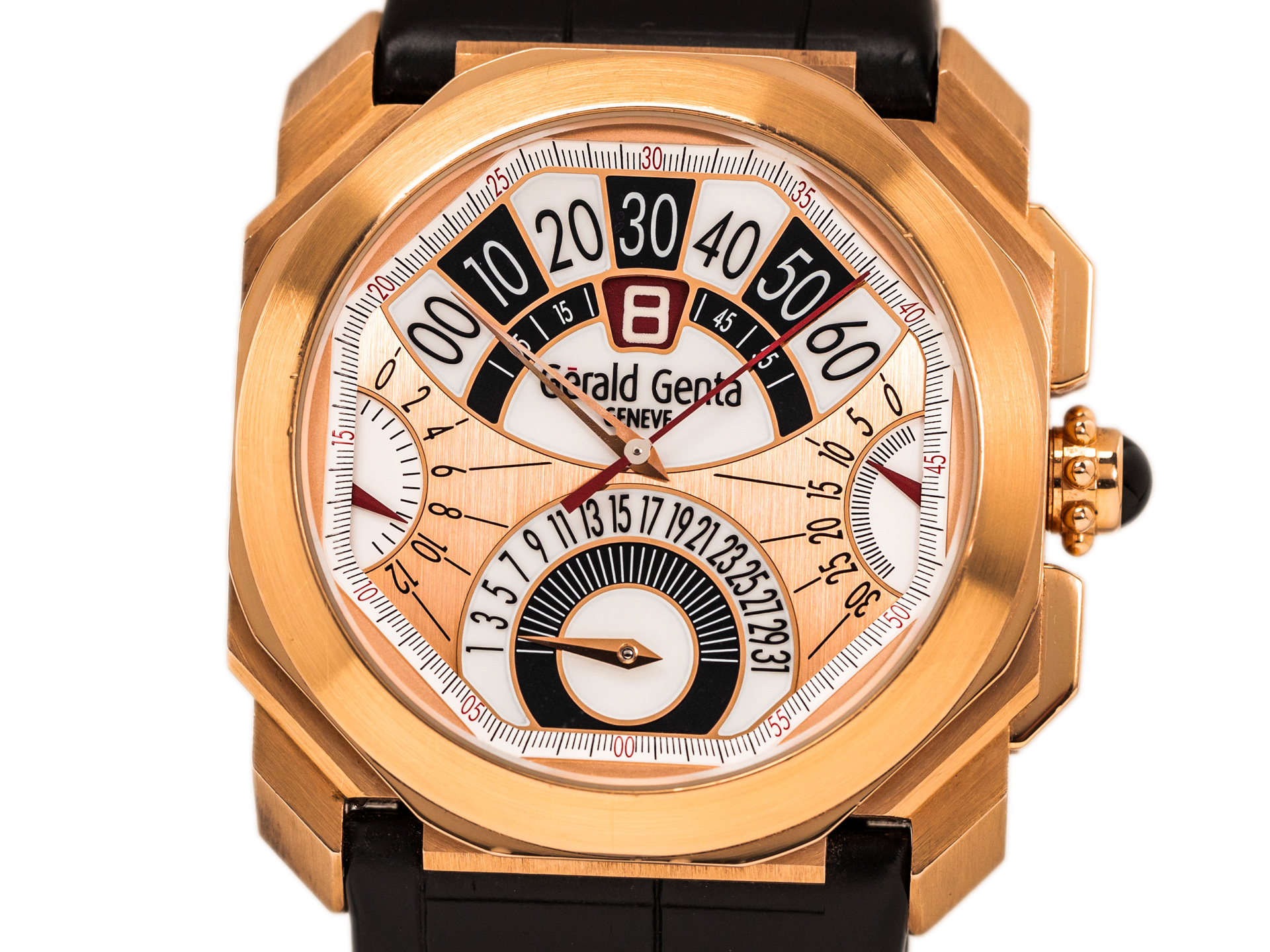 GERALD GENTA OCTO QUATTRO Ref OQC Z 18k Rose Gold JUMPING HOUR Retrograde Box Papers Bj 2010