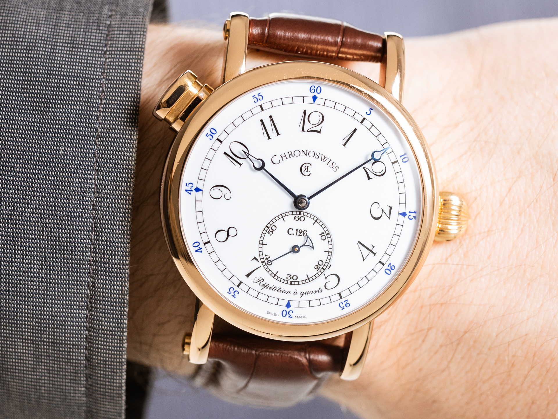 CHRONOSWISS REPETITION A QUARTS Ref CH1641R 18k Rose Gold White Enalem Dial Folding Clasp Box Papers Bj 2004