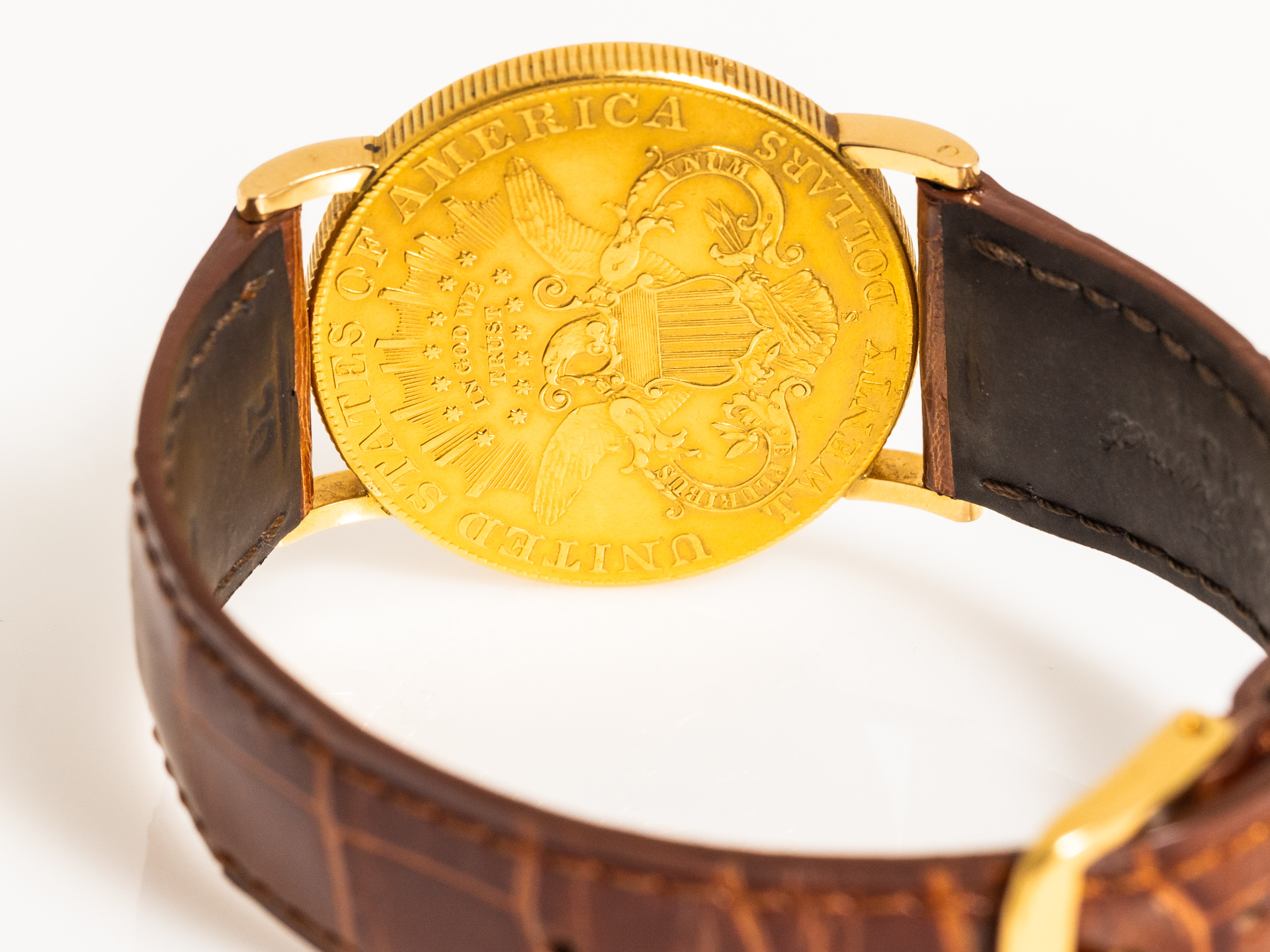 HAAS NEVEUX CIE 20 Dollar Coin Watch 18k Yellow Gold Arabic Numerals 1960s