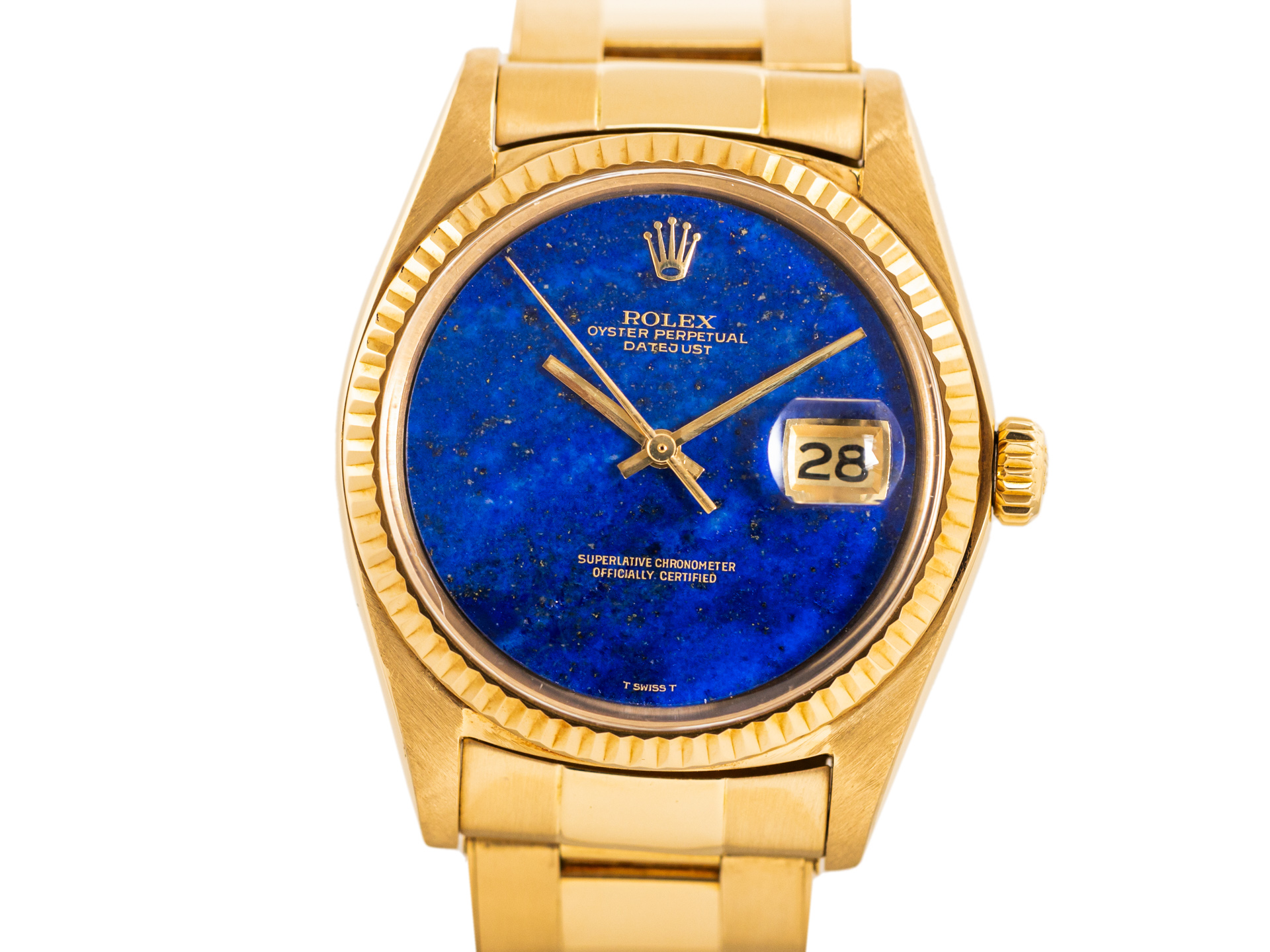 ROLEX Vintage DATEJUST Man Size Ref 1601 18k Yellow Gold Oyster Bracelet LAPIS LAZULI Dial Box Bj 1974
