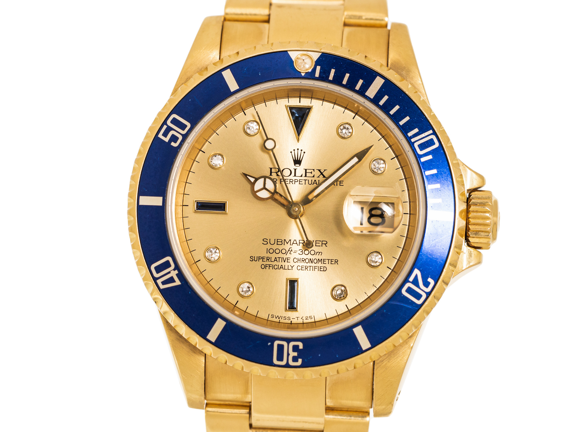 ROLEX Vintage SUBMARINER SULTAN Ref 16618 18k Yellow Gold Champagne SULTAN Dial Box Bj 1991