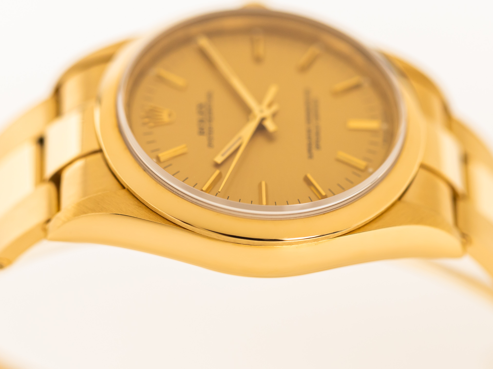 ROLEX OYSTER PERPETUAL Ref 14208 18k Yellow Gold Tritium Dial Box Papers Bj 1992